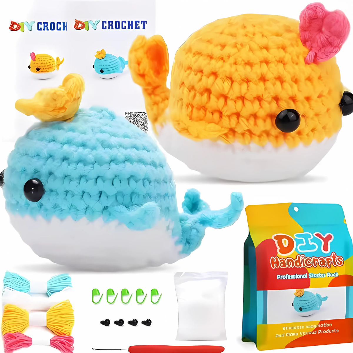 The Crochet Whale Kit 2pcs includes yarn, hooks, stuffing, simple whale crochet instructions, and two finished plush toys in blue and yellow—ideal for beginner crocheters. Packaging and accessories are included.