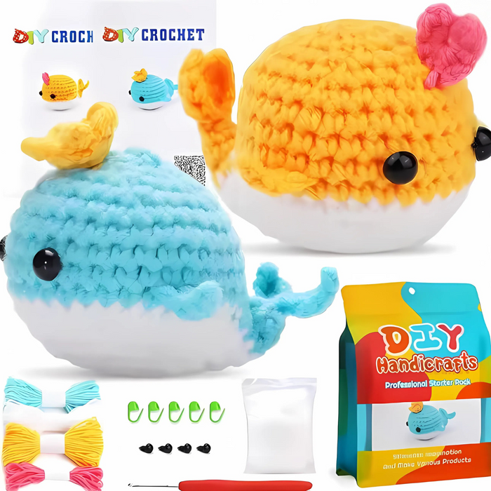 The Crochet Whale Kit 2pcs includes yarn, hooks, stuffing, simple whale crochet instructions, and two finished plush toys in blue and yellow—ideal for beginner crocheters. Packaging and accessories are included.