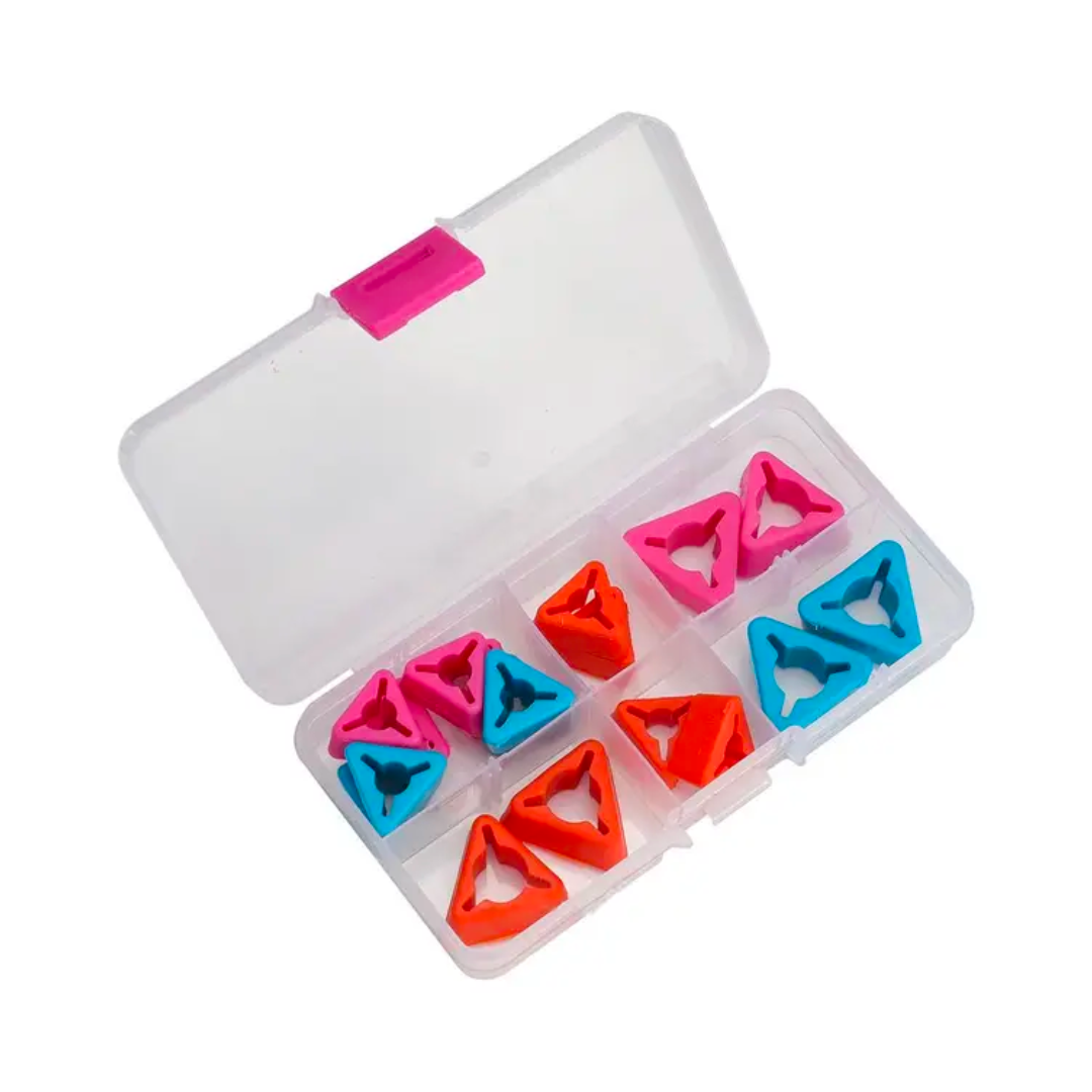 A plastic case with compartments contains the Knitting Needles Tip Protectors 18pcs, featuring orange and blue triangle corner protectors that provide snag-free protection for your knitting needles.