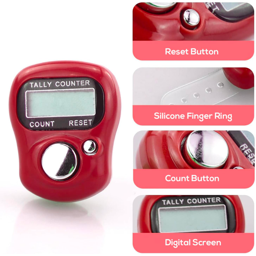 Digital Row Counter for Knitting & Crocheting with finger ring and reset button highlighted, perfect for knitting and crocheting.