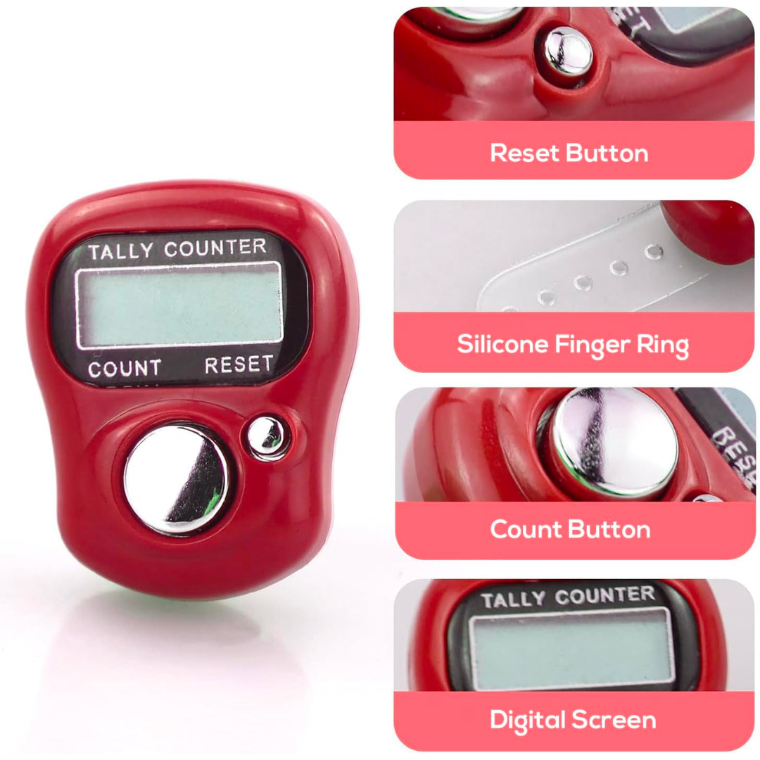 The Digital Row Counter for Knitting & Crocheting comes in red with a silicone finger ring and includes features like a reset button, count button, and digital screen for precise counting. Its simple one-touch operation makes it an effective tool for various tasks.