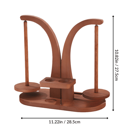 The Double Yarn Spinner Stand with Tool Storage features two vertical rods, two round trays, and center holders for tangle-free colorwork yarn storage. Dimensions: 10.82in/27.5cm tall, 11.22in/28.5cm wide.