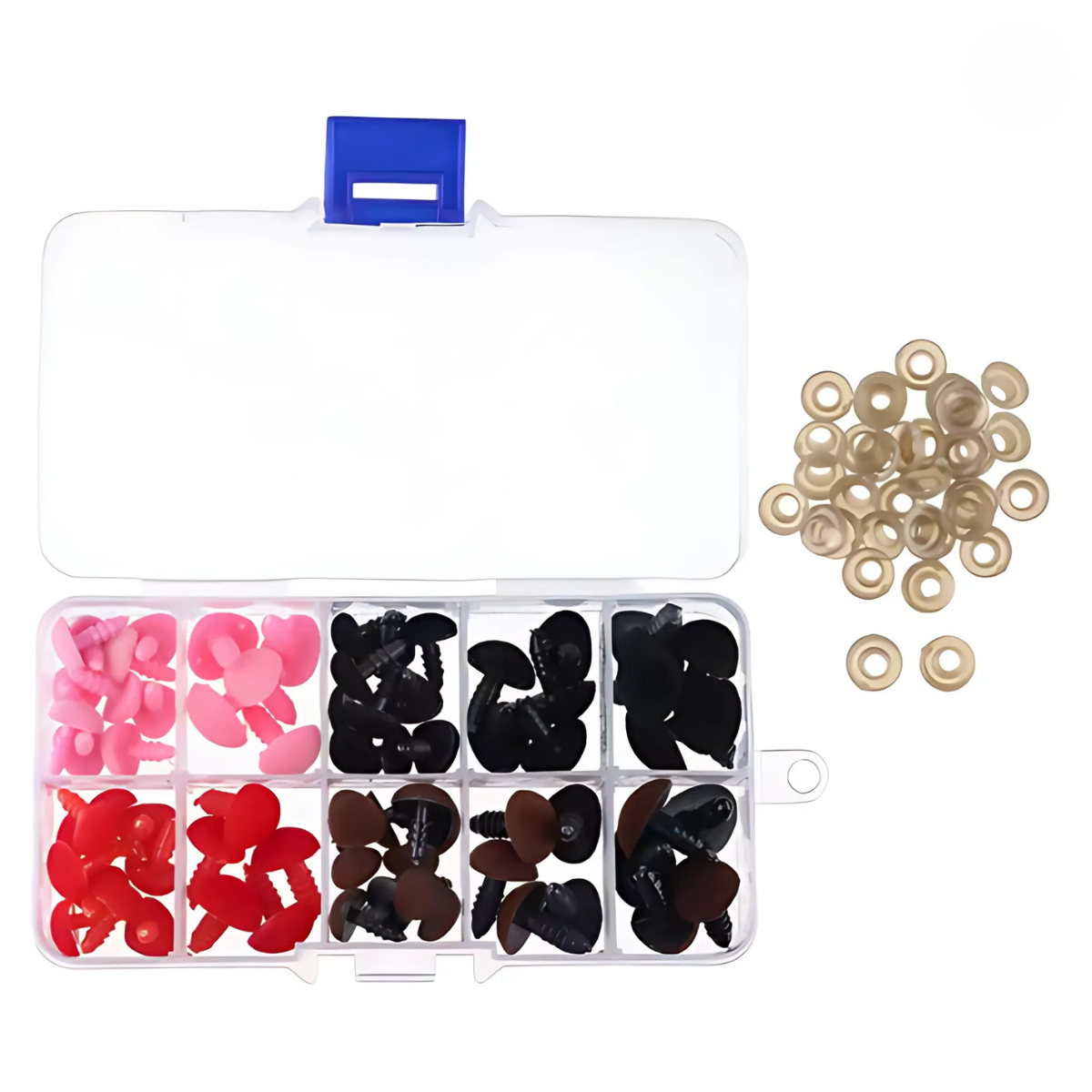 The Safety Noses for Toys with Washers set includes assorted plastic safety eyes, noses, and beige washers in red, pink, black, and brown—all in a compartmentalized organizer box—ideal for amigurumi or crochet toys.