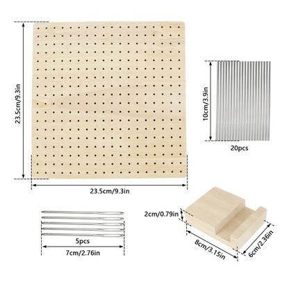 Illustration of a Crochet Blocking Board with accessories, including dimensions and quantities of dowels, shelves, and supports.