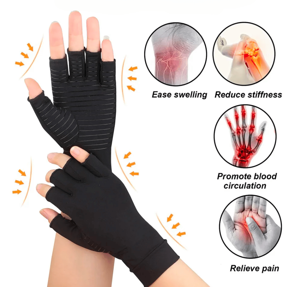 Arthritis Pain Relief Gloves designed to reduce swelling, stiffness, and pain while promoting blood circulation, demonstrated by a hand against a white background with inset images highlighting benefits for crafters.