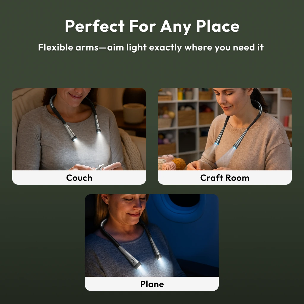 Three photos show a person using the Crafting Neck Lamp on a couch, in a craft room, and on a plane, each scene highlighting hands-free illumination.