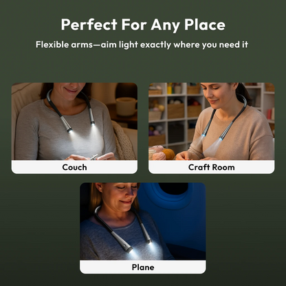 Three photos show a person using the Crafting Neck Lamp on a couch, in a craft room, and on a plane, each scene highlighting hands-free illumination.