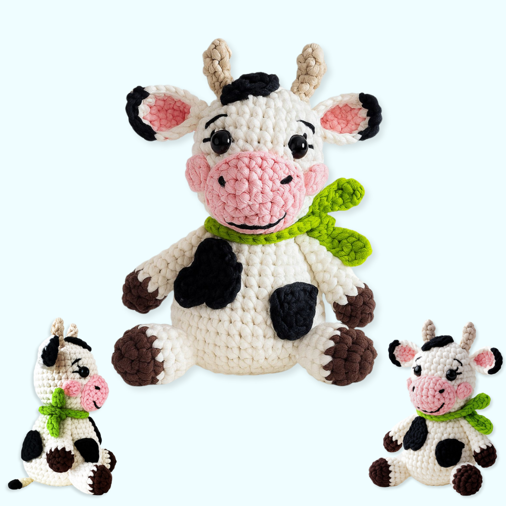 Three amigurumi cow plush toys are showcased—a large center cow with a green scarf and two smaller cows—against a light blue background, featuring designs from The Snuggle Squad: 10 Adorable Crochet PDF Patterns.