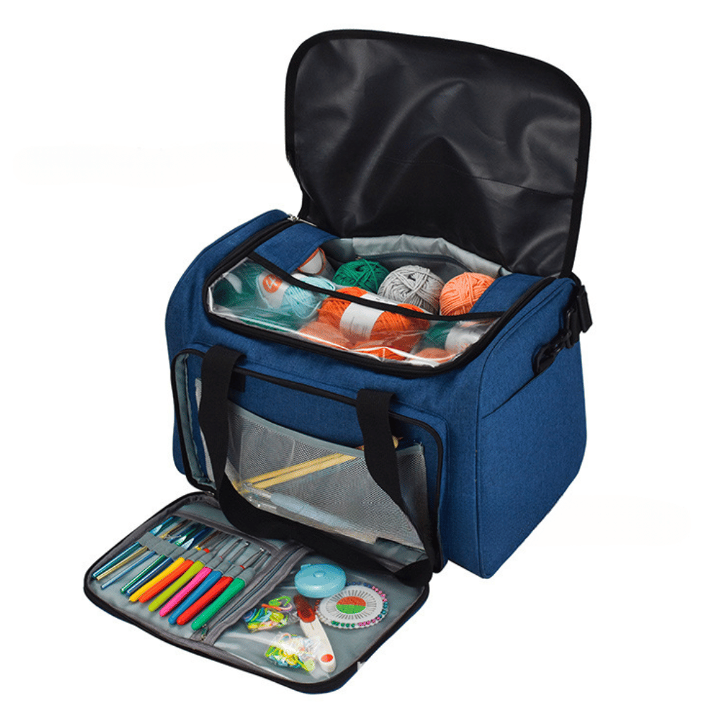 A Large Yarn Organizer Bag with compartments holding yarn, colored pencils, and knitting accessories.