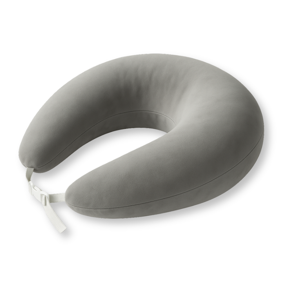 The Crochet & Knit Support Pillow is a gray U-shaped travel neck pillow with a white adjustable strap, designed for comfort and to ease tension during long trips. Shown on a white background.