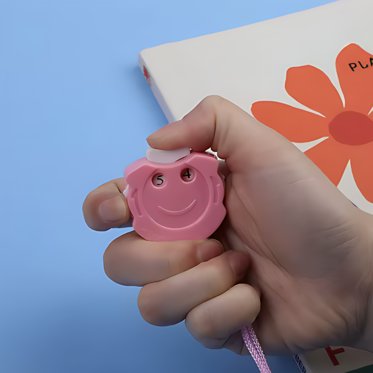 A hand holds a pink smiley-face Row Counter for Knitting & Crocheting with numbered dials, positioned next to a book that displays an orange flower on its cover.