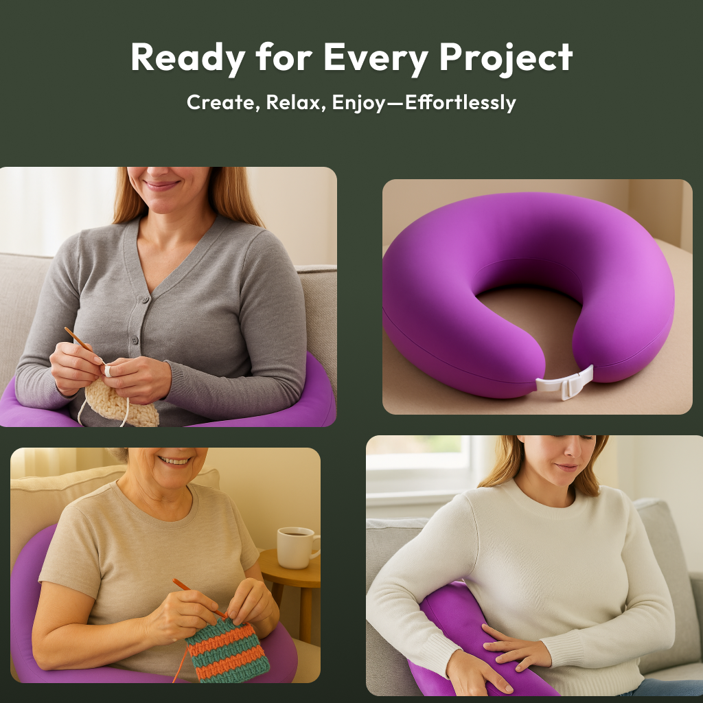 A woman enjoys knitting and crocheting in comfort with the Crochet & Knit Back Support Pillow, designed for ergonomic support and arthritis relief. The image also features a close-up of the purple supportive pillow.