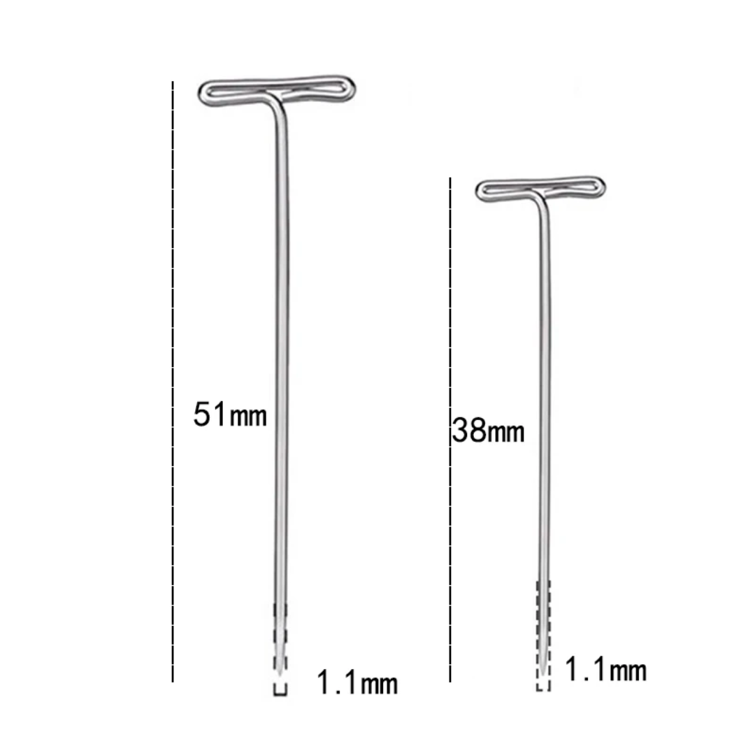 The product features two T-shaped devices known as T-Pins For Blocking, crafted with a durable and rust-resistant design. They measure 51mm and 38mm in length, each maintaining a thickness of 1.1mm.