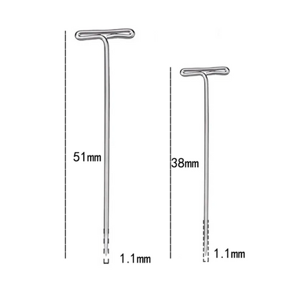 Two different-sized T-Pins for blocking with dimensions labeled: one measures 51 mm in length, the other 38 mm, both with a stem thickness of 1.1 mm and are rust-resistant.