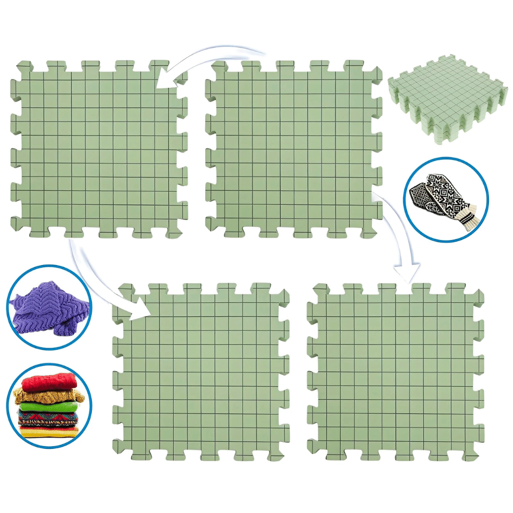 Knitting Crocheting Blocking Mats featured as a crochet blocking board, with insets showing folded fabric, a knitted mitten, and neatly stacked folded clothes. Arrows highlight the grid pattern arrangement, making it perfect for portable crafting.