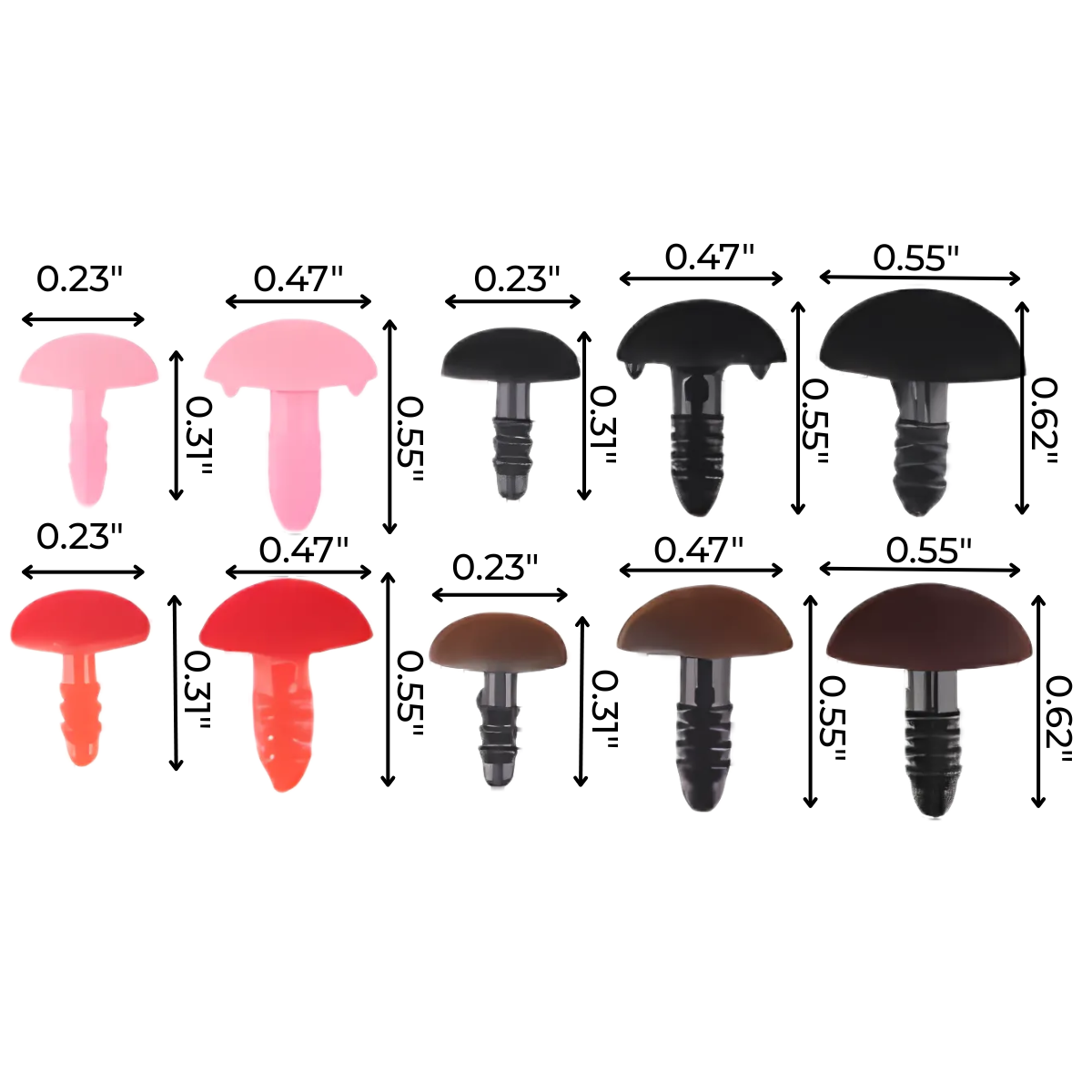Ten Safety Noses for Toys with Washers in assorted sizes and colors are arranged in two rows, each labeled with width and height—ideal for amigurumi or crochet toy projects.