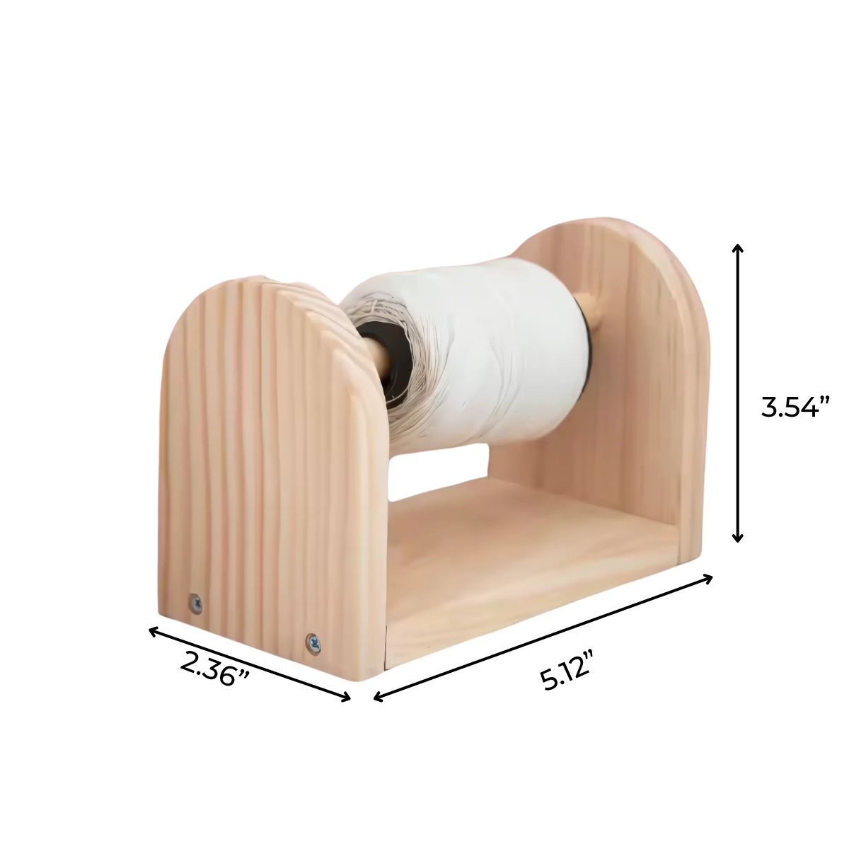 The Wooden Yarn Dispenser features smooth rotation and measures 5.12" L x 2.36" W x 3.54" H, making it ideal for crafting spaces or as an alternative wooden paper towel holder.
