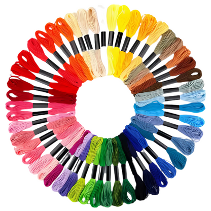 The Embroidery Floss Set features cotton threads and floss bundles arranged in a colorful gradient—reds, pinks, yellows, browns, blues, greens, and purples—ideal for adding vibrant hues to your crochet projects.