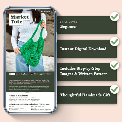 A phone shows the Market Tote Knitting Pattern; nearby, four features highlight beginner skill, digital download, step-by-step instructions, and gift potential—perfect for cotton blend yarn.