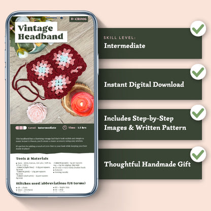 A digital mockup shows the Vintage Headband Crochet Pattern on a smartphone, with four green boxes highlighting features: skill level, instant download, and step-by-step instructions.