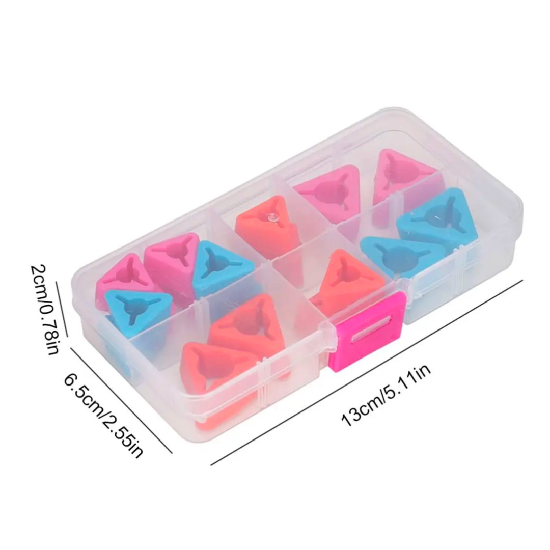 This plastic storage box of Knitting Needles Tip Protectors 18pcs includes pink, red, and blue triangular items within compartments. With dimensions of 13cm x 6.5cm x 2cm, these silicone needle covers are ideal for knitters, providing yarn snag-free protection and serving as knitting needles tip protectors.