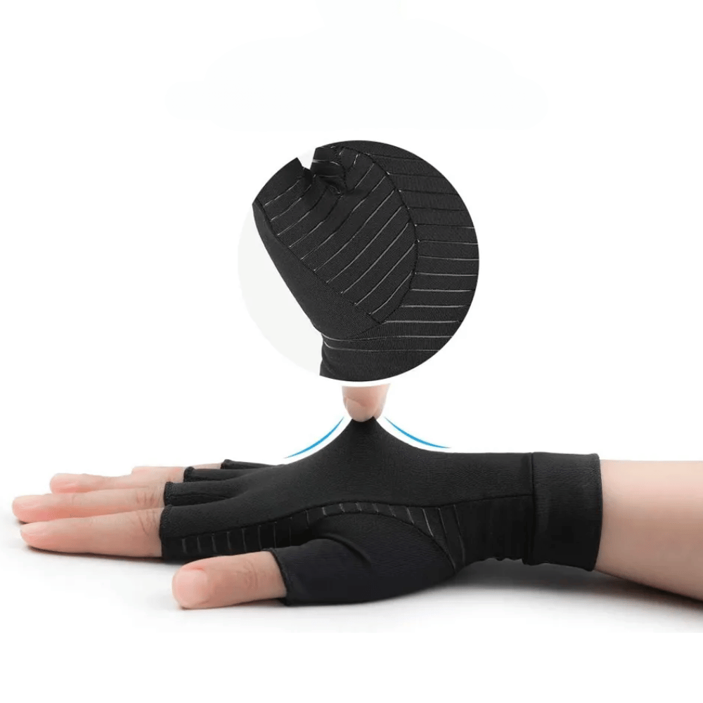 A hand wearing black Arthritis Pain Relief Gloves, with a highlighted section indicating a stabilizing feature for crafters' hand support.