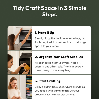 A three-step guide to organizing a craft space: hang tools with the Hanging Yarn Organizer, sort supplies in pouches, and enjoy crafting in a tidy area. Photos show each step for easy reference.