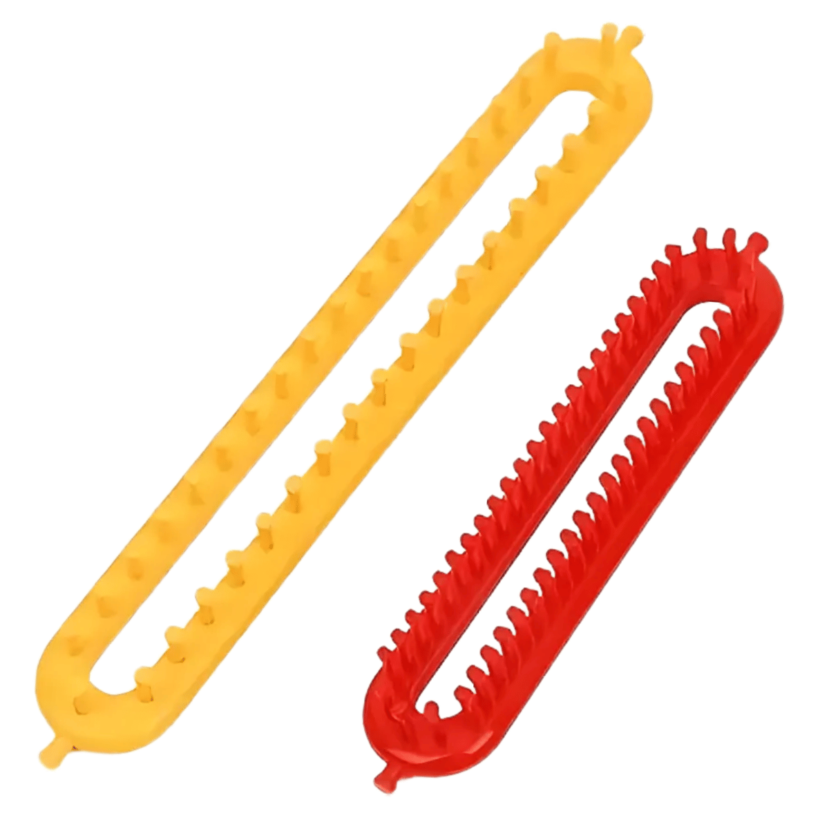 The Knitting Loom Set includes two oval plastic looms—one large yellow and one small red—each with evenly spaced pegs, perfect for quick and beginner-friendly loom knitting projects.