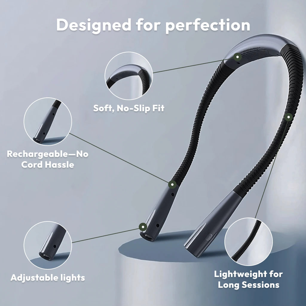 The Crafting Neck Lamp features adjustable LED ends, a rechargeable design, soft no-slip fit, and lightweight build—all displayed with feature callouts.