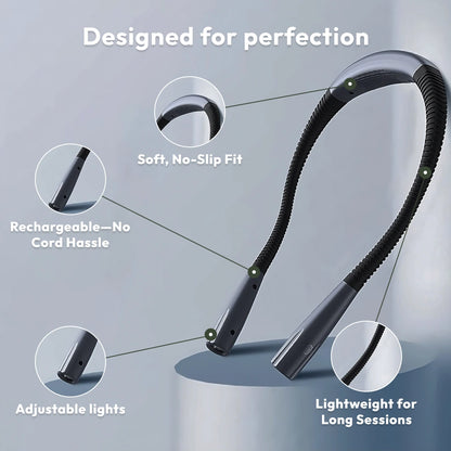 The Crafting Neck Lamp features adjustable LED ends, a rechargeable design, soft no-slip fit, and lightweight build—all displayed with feature callouts.