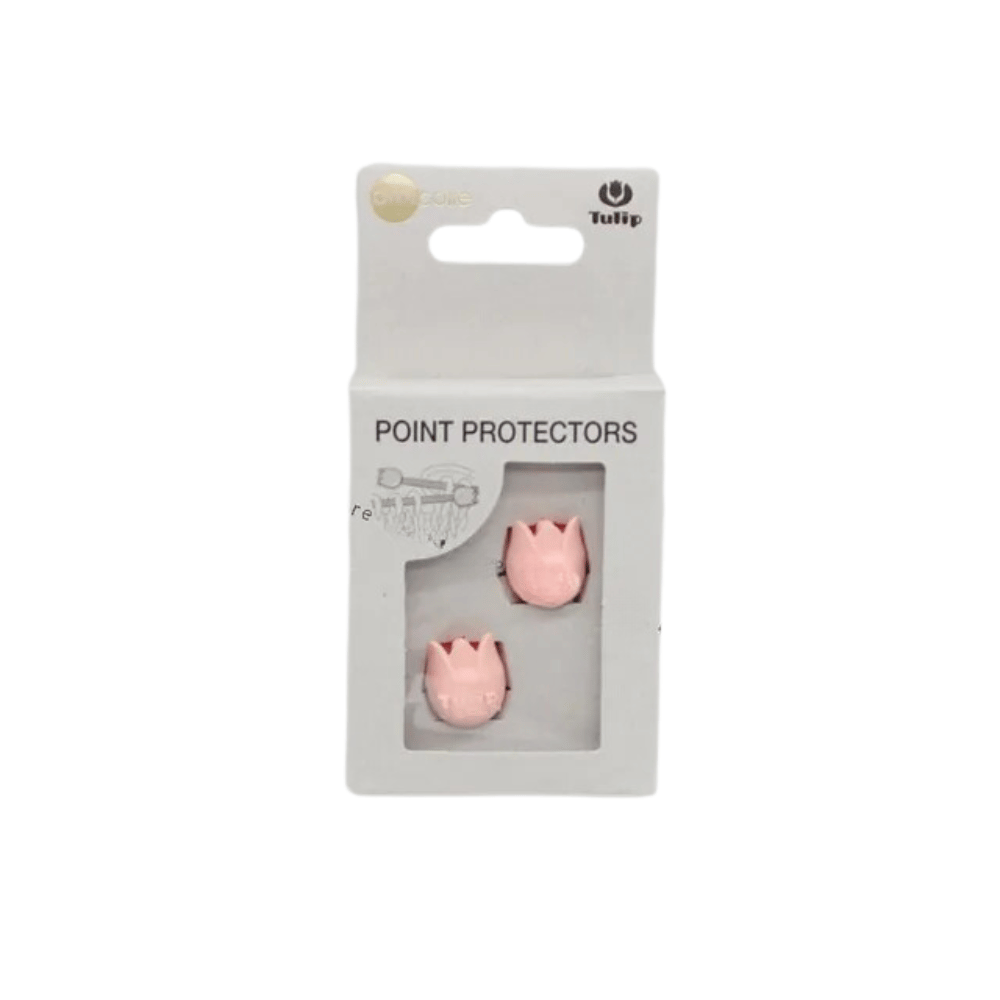 A package featuring two small pink point protectors, made from durable rubber and designed to resemble tulips, is labeled "Tulip Rubber Point Protectors Small" in black text on a light gray background. These protectors are ideal for safeguarding your needles while providing a floral accent to your crafting kit.