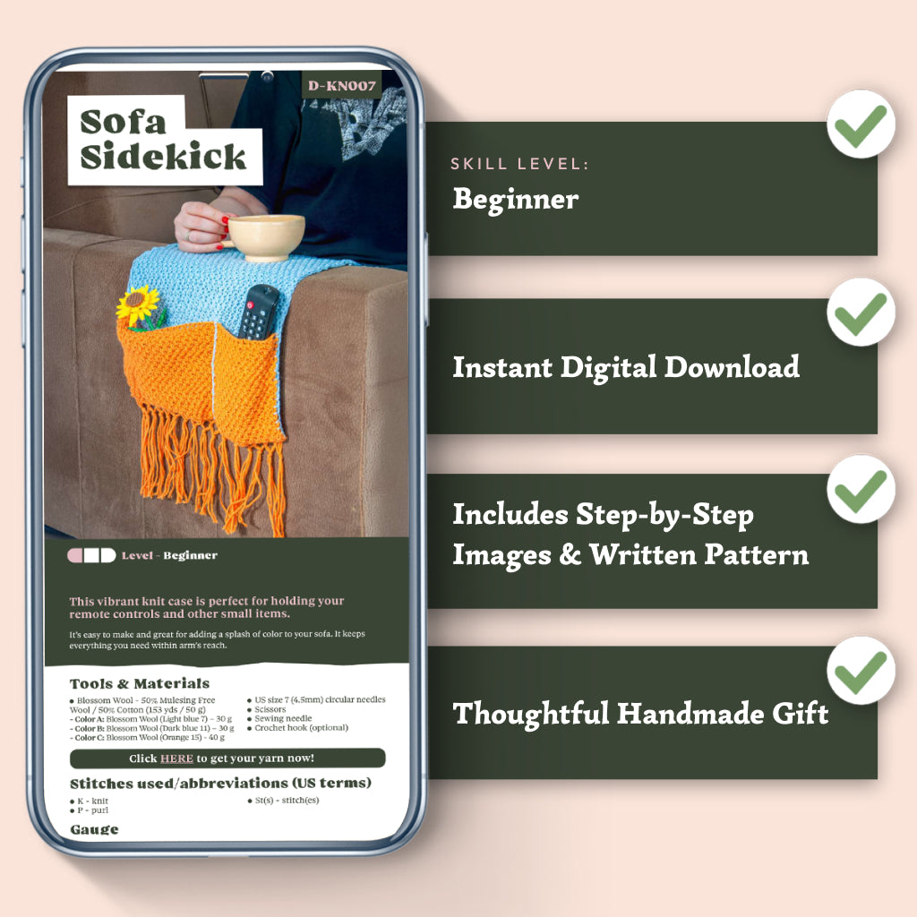 A phone displays the Sofa Sidekick Knitting Pattern in vibrant color on a couch, beside a checklist showing beginner-friendly, digital download, easy instructions, and great gift idea.
