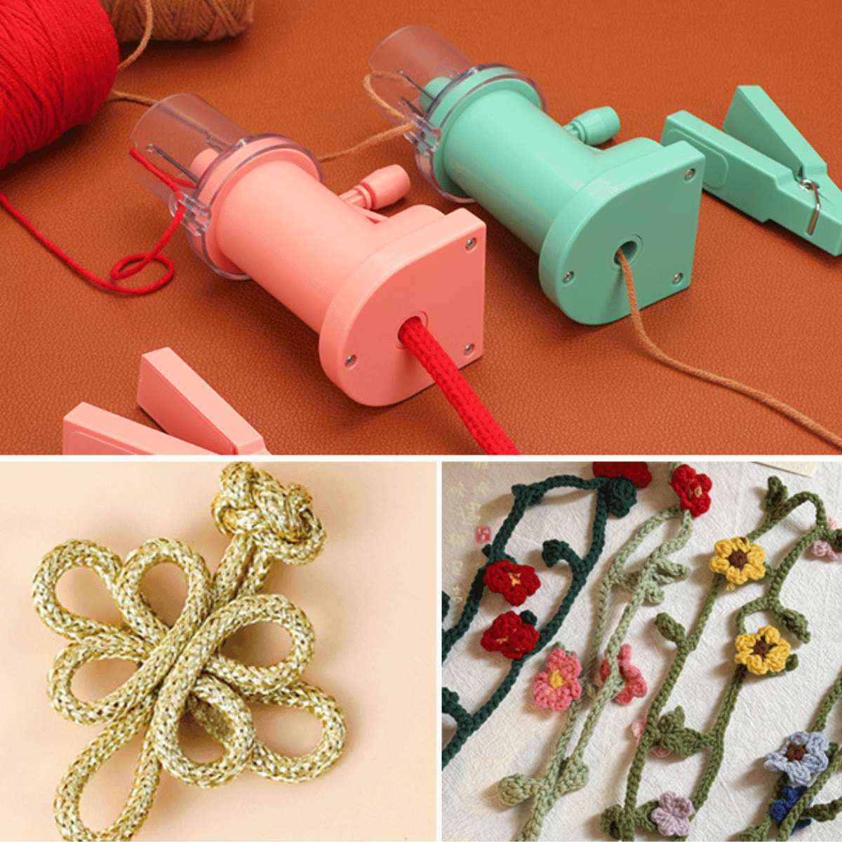 Two i-Cord Knitting Machines on a table; below, finished i-cords shaped into a flower and decorated with small crocheted flowers show how quick and easy this machine makes creating i-cords for versatile craft projects.