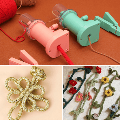 Two i-Cord Knitting Machines on a table; below, finished i-cords shaped into a flower and decorated with small crocheted flowers show how quick and easy this machine makes creating i-cords for versatile craft projects.