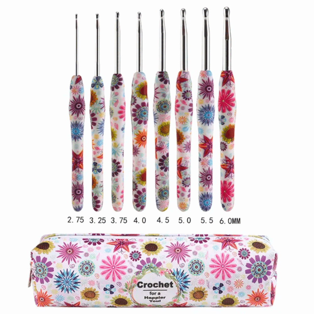 The 29-Piece Crocheting Kit, ideal for beginners, includes a full set of nine vibrant crochet hooks featuring floral patterns and sizes ranging from 2.75 mm to 6.0 mm, all elegantly presented with a matching floral-patterned zipper pouch.