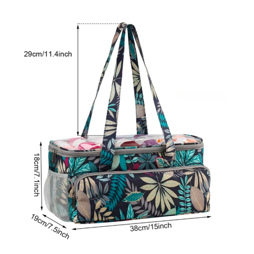 Introducing the Crochet Knitting Bag Organizer (Bundle8), a versatile floral-patterned insulated bag with dual handles, ideal for carrying lunch or organizing your yarn supplies. It includes a spacious main compartment and an additional front pocket. Its dimensions are 38cm in length, 18cm in height, and 19cm in width.