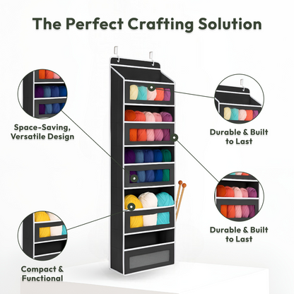 The Hanging Yarn Organizer, shown in black and filled with colorful yarn and knitting needles, is displayed with text highlighting its space-saving design, durable construction, and compact functionality.