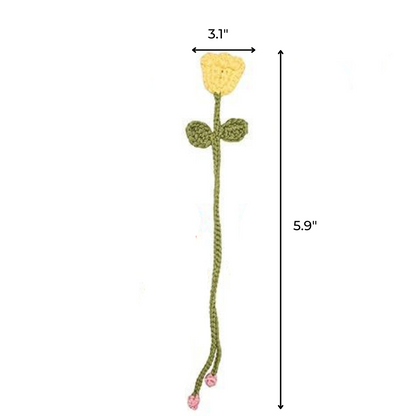 The Crochet Flower Bookmark Kit 8pcs features handmade yellow flowers with green leaves and stems (3.1" wide, 5.9" tall), perfect as bookmarks or thoughtful gifts for book lovers—displayed on a white background.