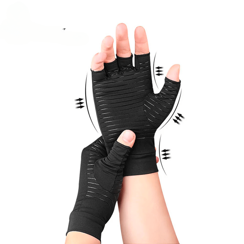 A hand wearing black Arthritis Pain Relief Gloves with adjustable straps.