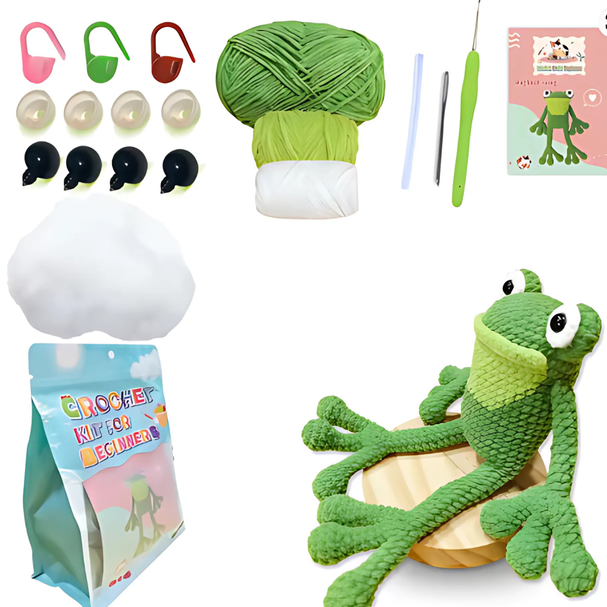 The Crochet Frog Kit includes yarn, hooks, needles, stitch markers, safety eyes, stuffing, a pattern booklet, and a finished amigurumi frog—everything you need to start your crochet journey!.