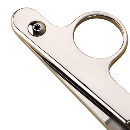 Close-up of stainless steel yarn scissors in shiny silver, featuring ergonomic handles and precise blade detail.