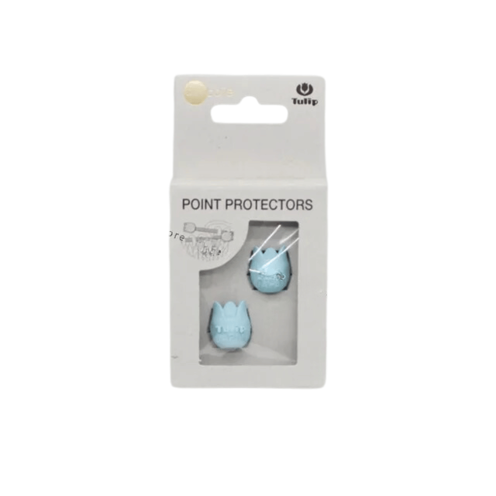 The packaging of the Tulip Rubber Point Protectors Small includes a pair of blue, cone-shaped items made from durable rubber to provide excellent protection for knitting needles.