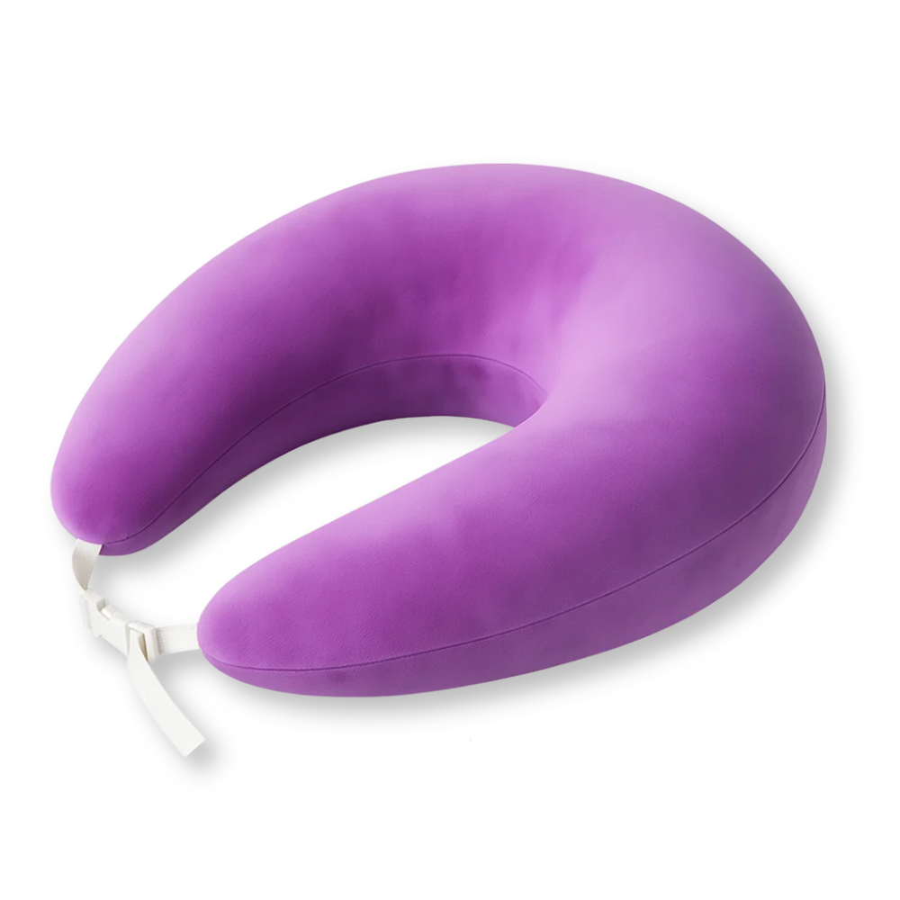 The Crochet & Knit Support Pillow is a purple U-shaped neck pillow with a white adjustable strap, crafted for comfort to help alleviate tension, shown on a white background.