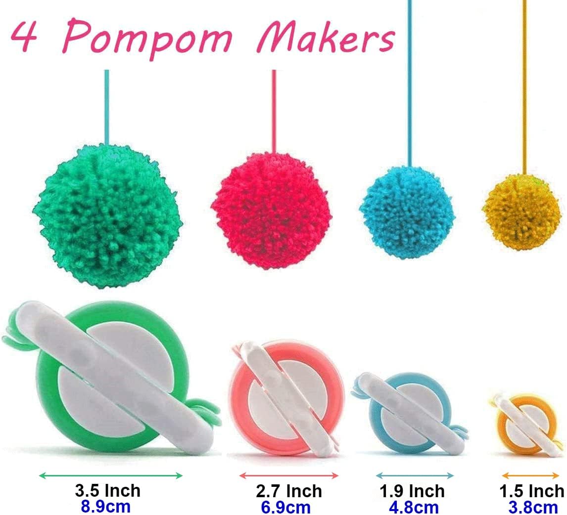 Four vibrant DIY tools from the Round Knitting Looms Set Craft Kit are displayed in assorted sizes and colors, each featuring a corresponding fluffy pompom hanging above. These craft tools come in sizes of 3.5", 2.7", 1.9", and 1.5" to suit all your crafting needs.