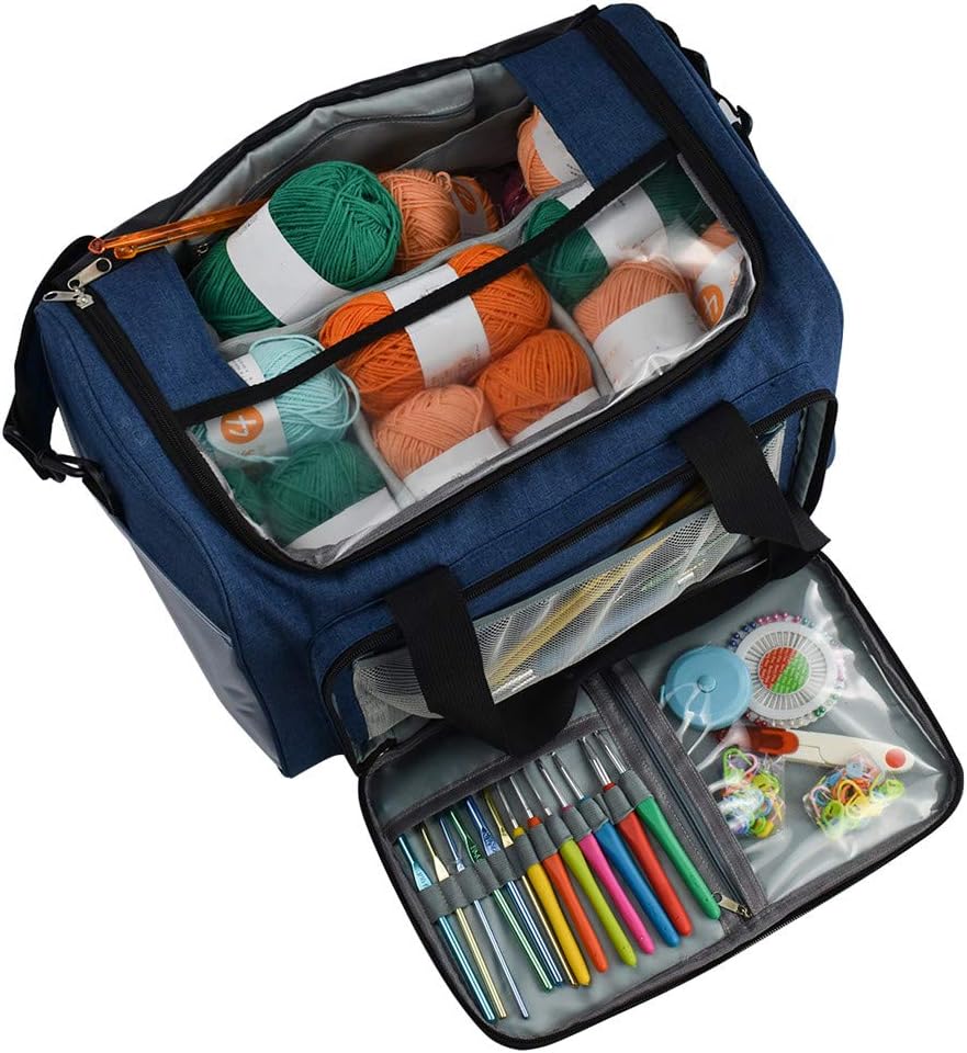 The Large Yarn Organizer Bag features a blue design with a clear top displaying yarn balls and an open front pocket for crochet hooks, scissors, and other knitting essentials.