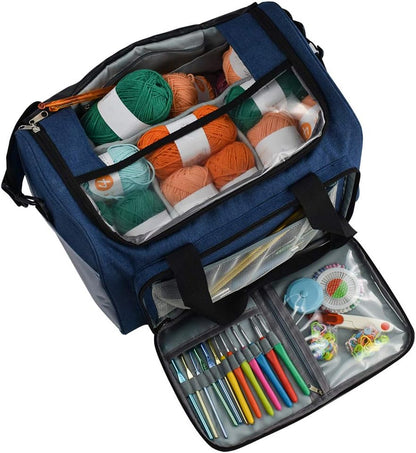 The Large Yarn Organizer Bag features a blue design with a clear top displaying yarn balls and an open front pocket for crochet hooks, scissors, and other knitting essentials.