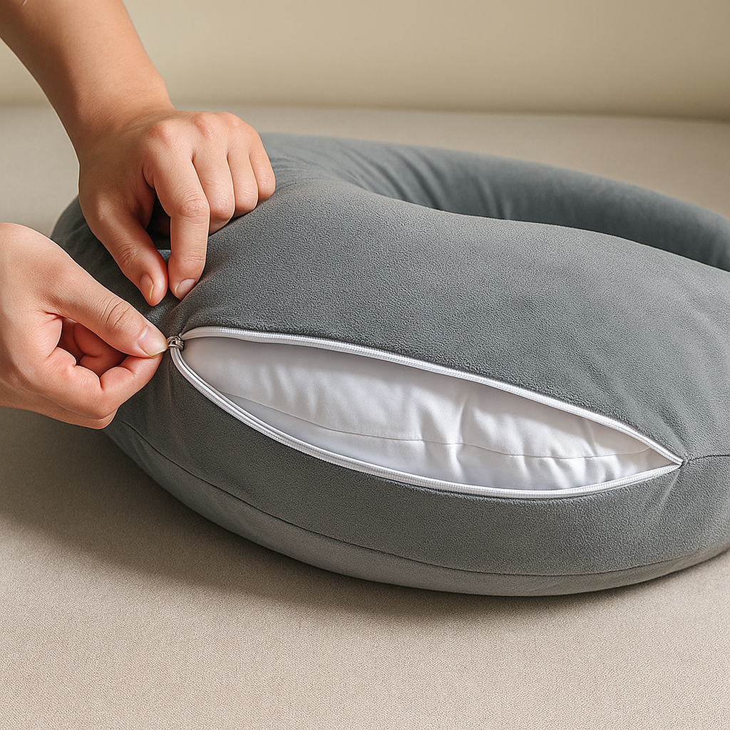 Close-up of hands unzipping the Crochet & Knit Support Pillow in gray to reveal its white inner cushion, highlighting the thoughtful design crafted for comfort and helping to alleviate tension during use.