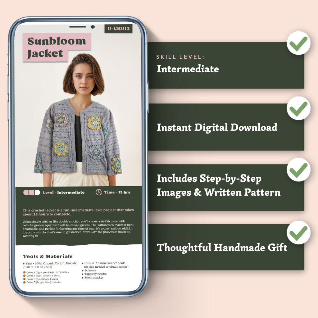 A phone screen shows the Sunbloom Jacket Crochet Pattern with skill level info; four text boxes with green check marks highlight features like its granny square design and suitability for organic cotton yarns.