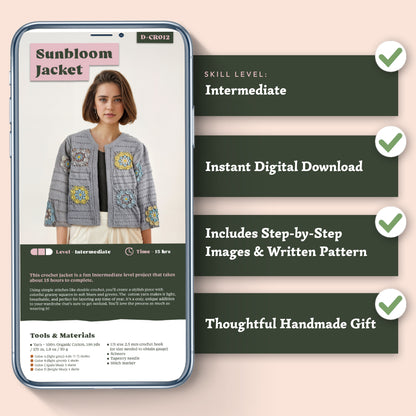 A phone screen shows the Sunbloom Jacket Crochet Pattern with skill level info; four text boxes with green check marks highlight features like its granny square design and suitability for organic cotton yarns.