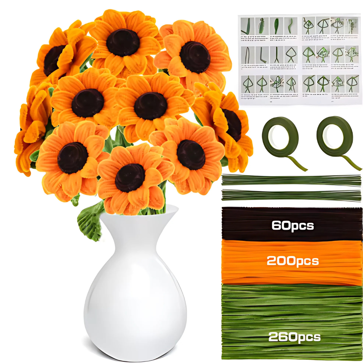 The Sunflower Crochet Kit includes artificial sunflower blooms, a white vase, floral wire, tapes, and instructions—everything you need for a DIY flower arrangement to complement your crochet project.